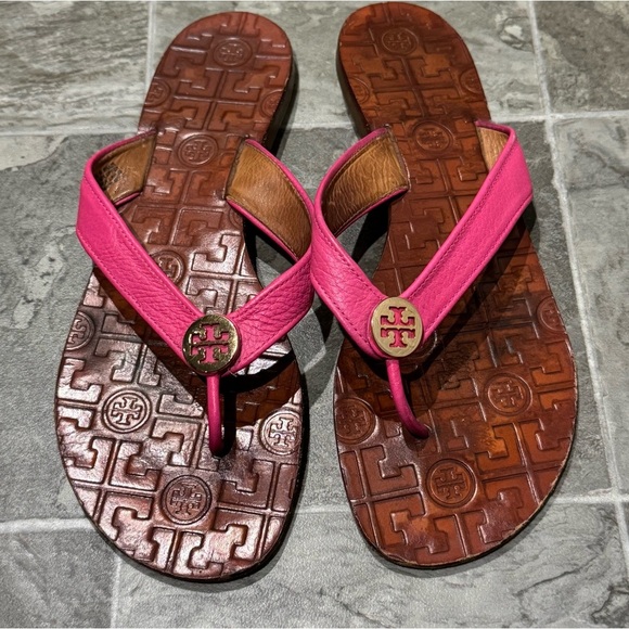 Tory Burch Leather Thong Sandals Size 10 THORA Tumbled Hibiscus Pink - Picture 5 of 11